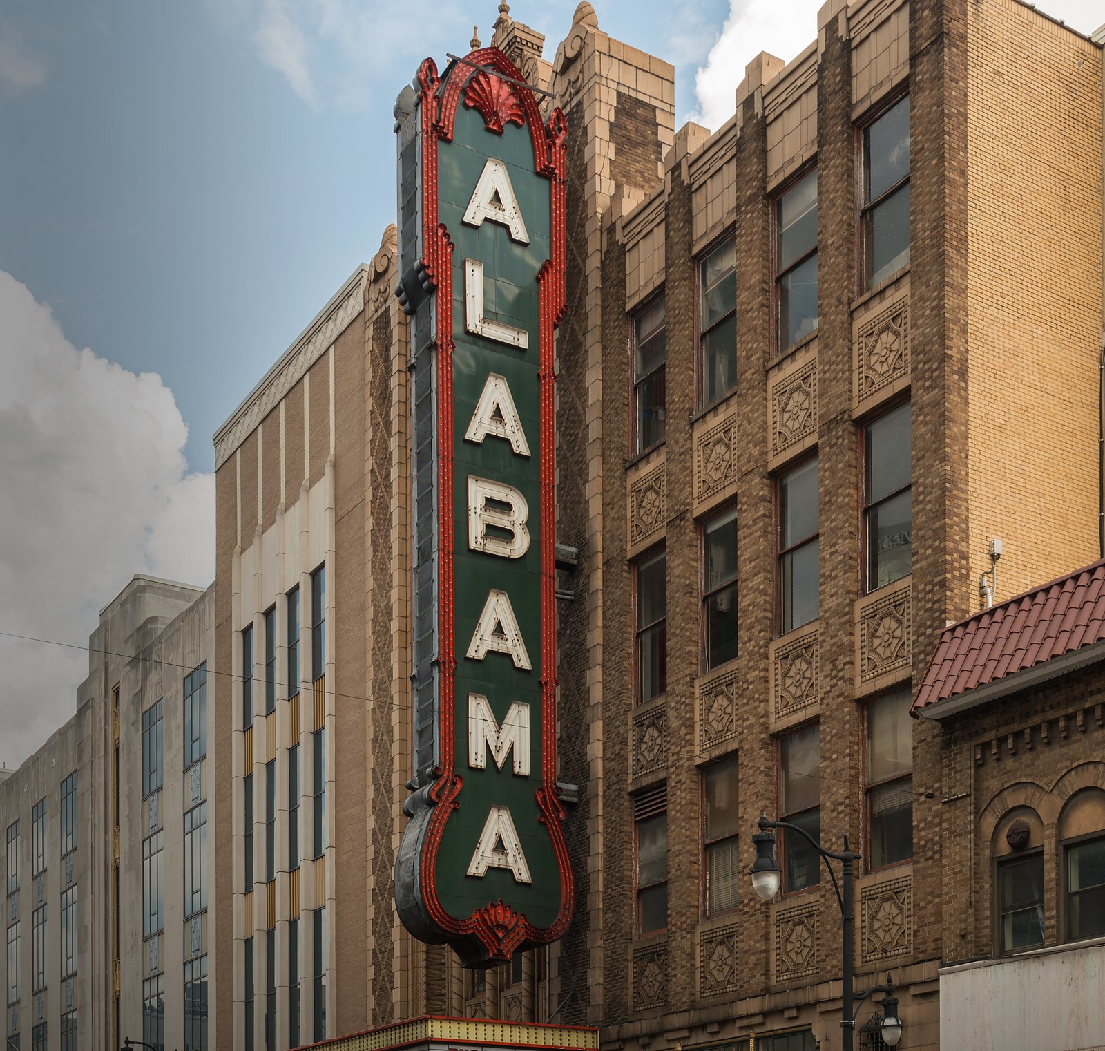 The Alabama Theatre in Birmingham, Alabama, its vertical ALABAMA blade sign rising above the marquee