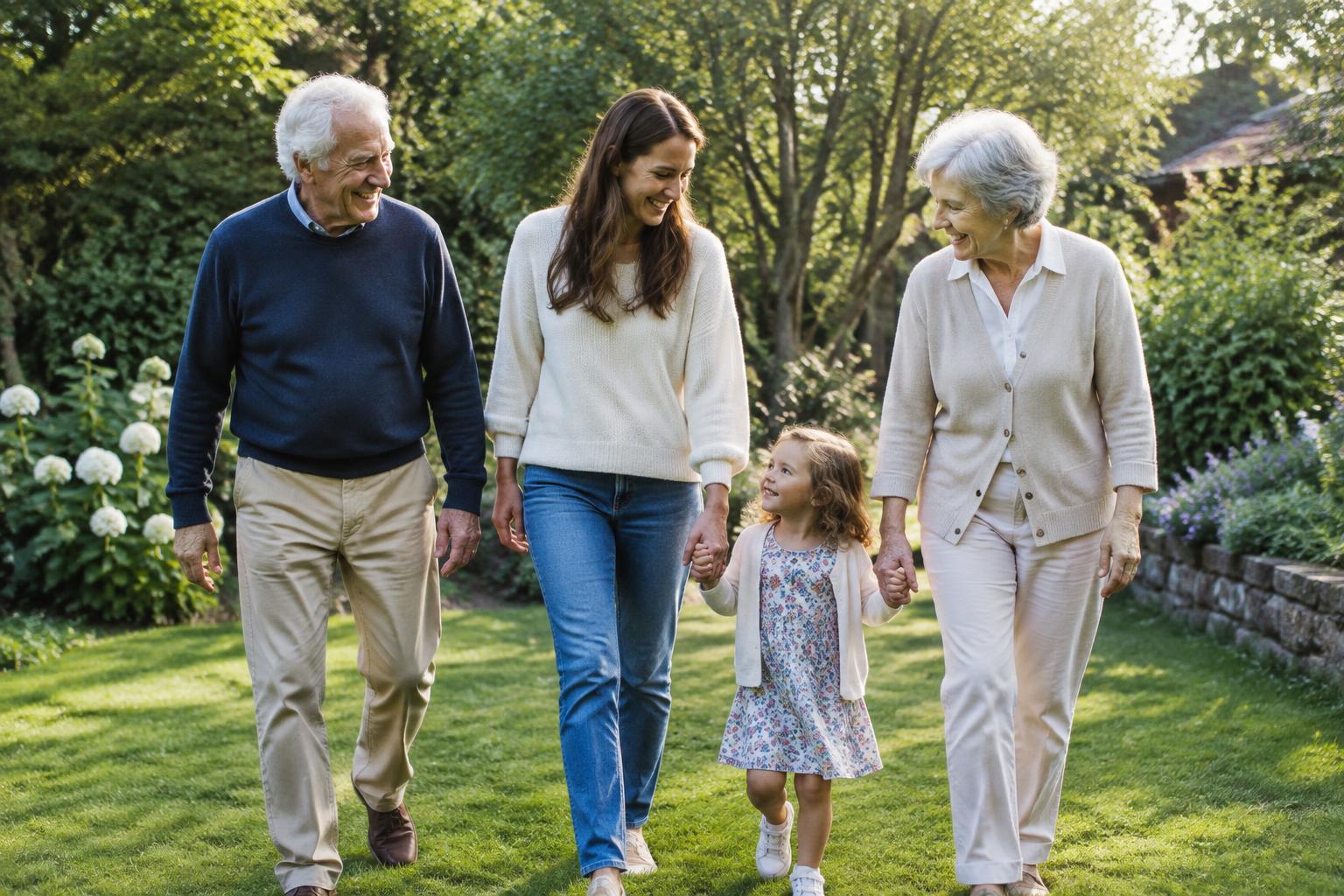 Three generations of a family enjoying a walk together
